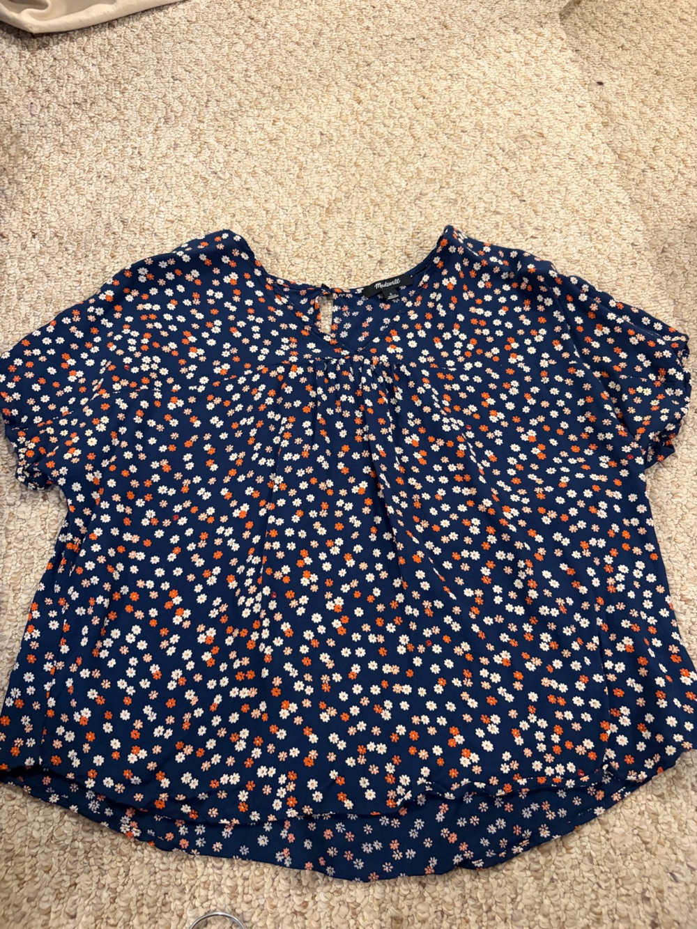 Madewell Navy Floral Short-Sleeve Peasant Blouse with White and Orange Daisies
